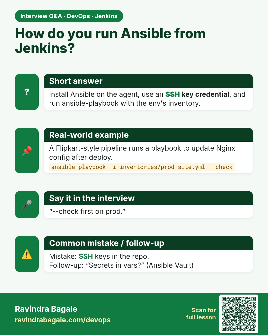 How do you run Ansible from Jenkins? Install Ansible on the agent, use an SSH key credential, and run ansible-playbook with the env's inventory.