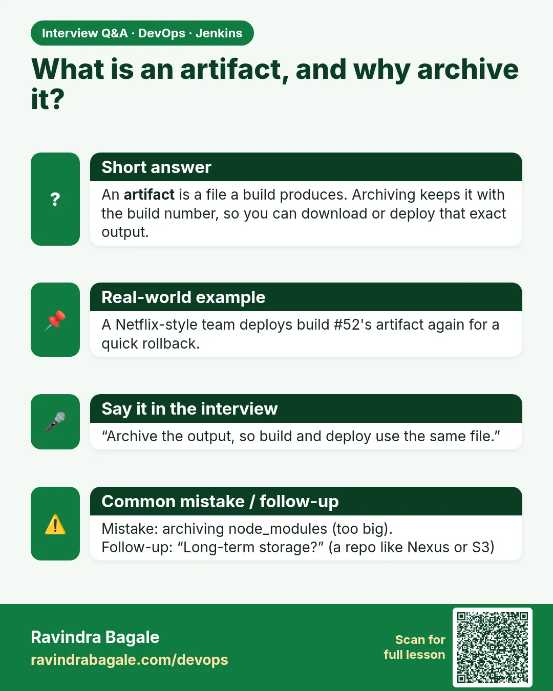 What is an artifact, and why archive it? An artifact is a file a build produces. Archiving keeps it with the build number, so you can download or deploy that exact output.