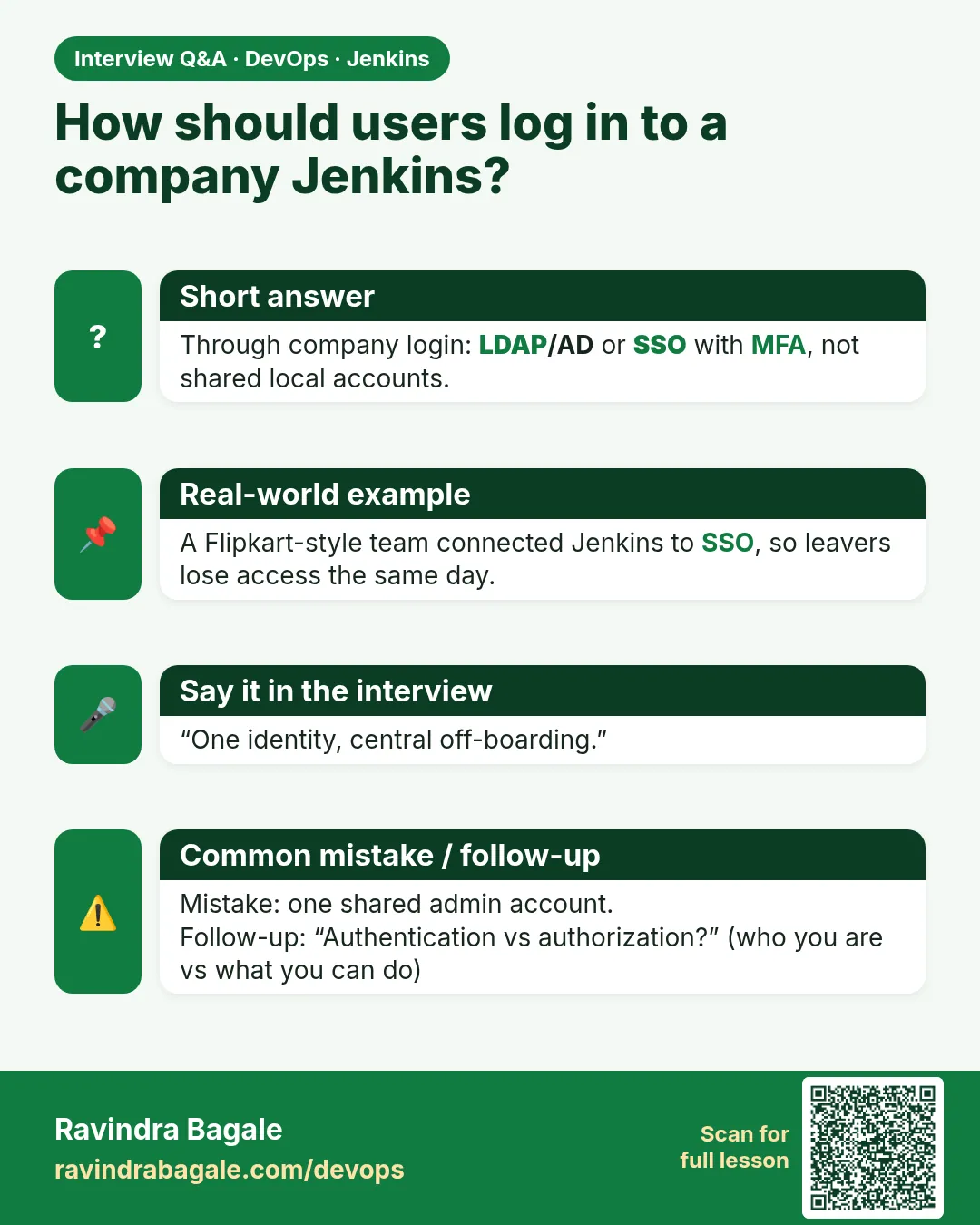 How should users log in to a company Jenkins? Through company login: LDAP/AD or SSO with MFA, not shared local accounts.