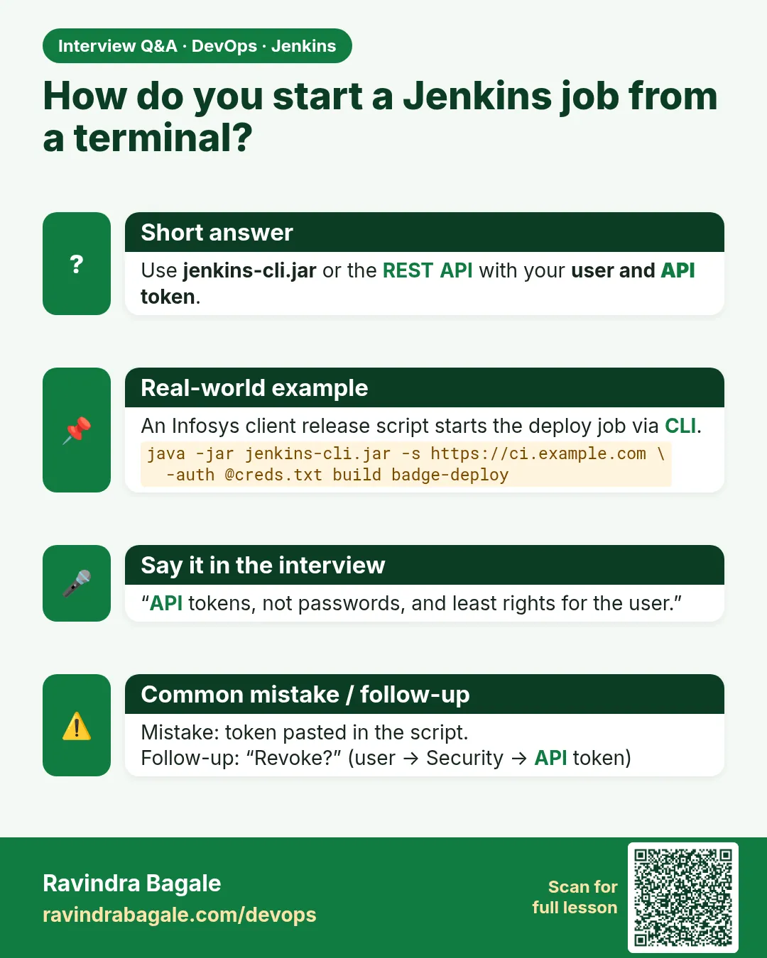How do you start a Jenkins job from a terminal? Use jenkins-cli.jar or the REST API with your user and API token.