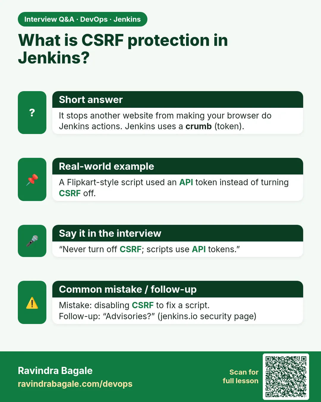 What is CSRF protection in Jenkins? It stops another website from making your browser do Jenkins actions. Jenkins uses a crumb (token).