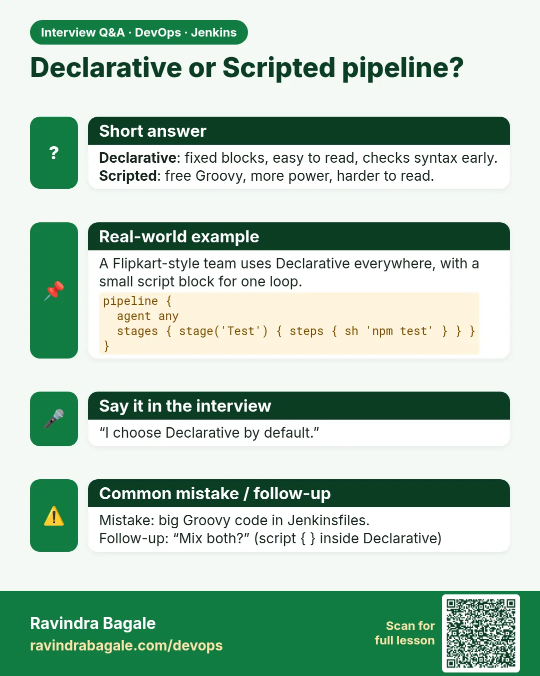 Declarative or Scripted pipeline? Declarative: fixed blocks, easy to read, checks syntax early. Scripted: free Groovy, more power, harder to read.