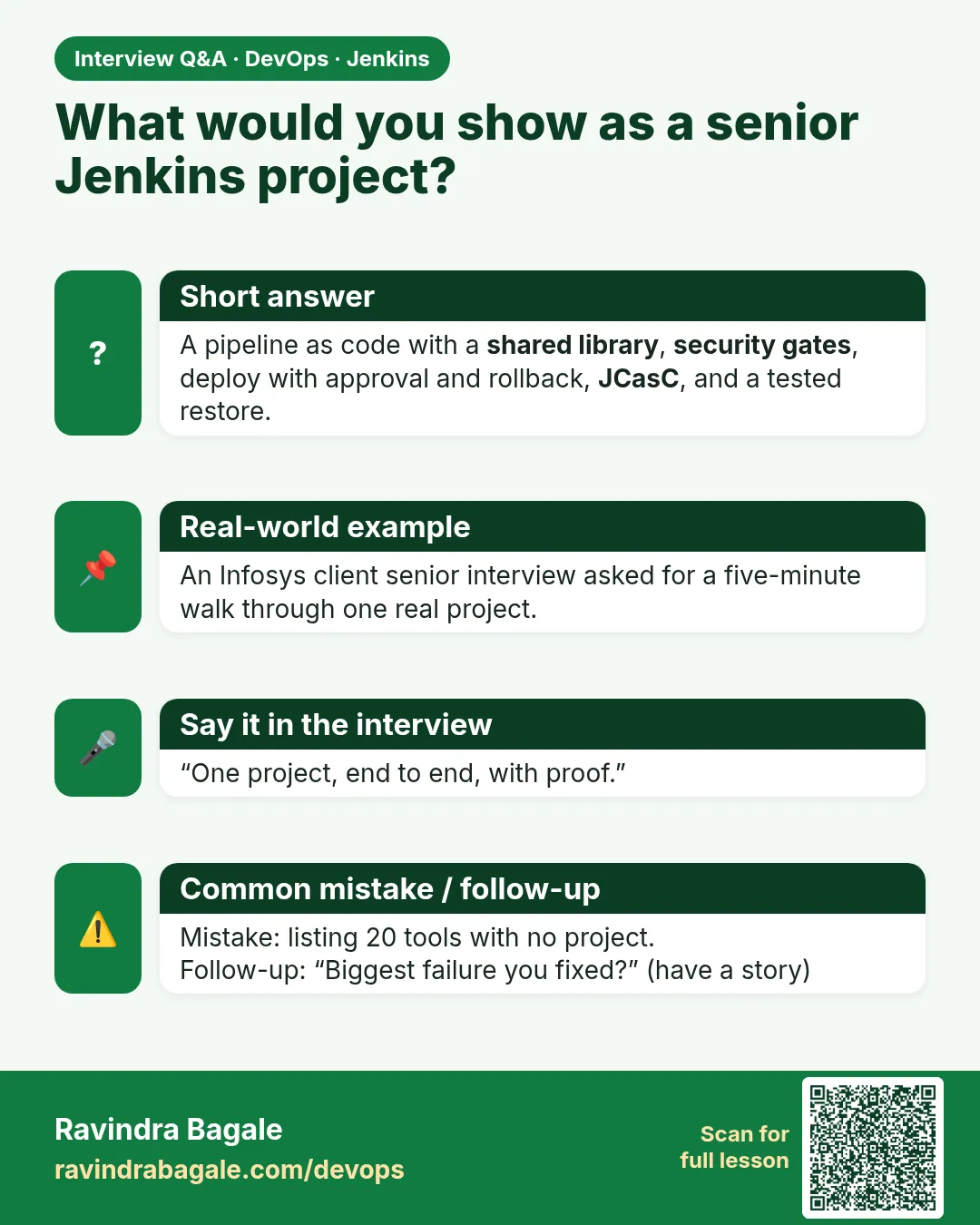 What would you show as a senior Jenkins project? A pipeline as code with a shared library, security gates, deploy with approval and rollback, JCasC, and a tested restore.