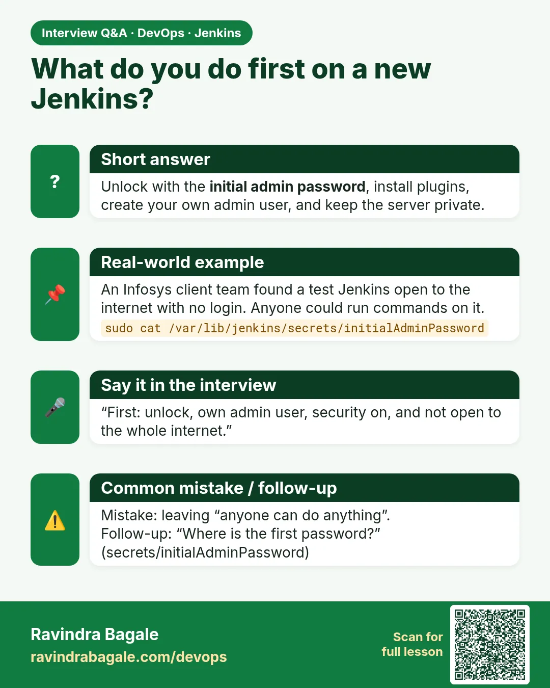 What do you do first on a new Jenkins? Unlock with the initial admin password, install plugins, create your own admin user, and keep the server private.