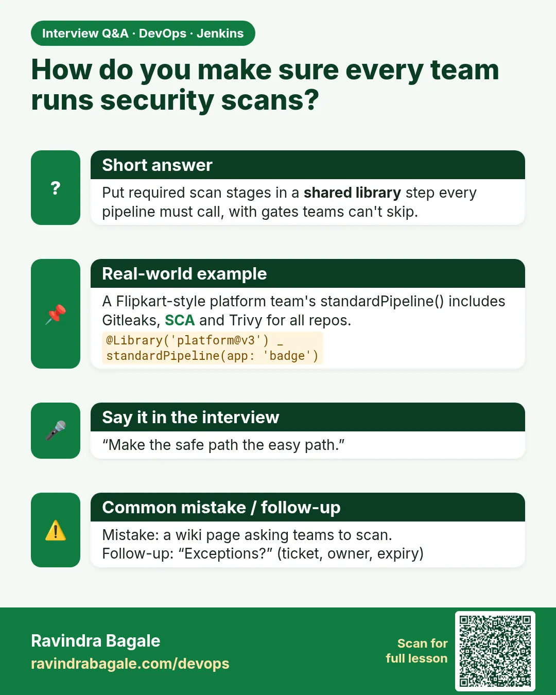 How do you make sure every team runs security scans? Put required scan stages in a shared library step every pipeline must call, with gates teams can't skip.