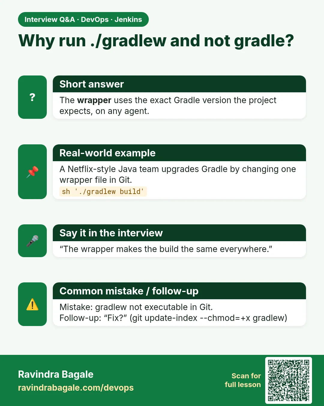 Why run ./gradlew and not gradle? The wrapper uses the exact Gradle version the project expects, on any agent.