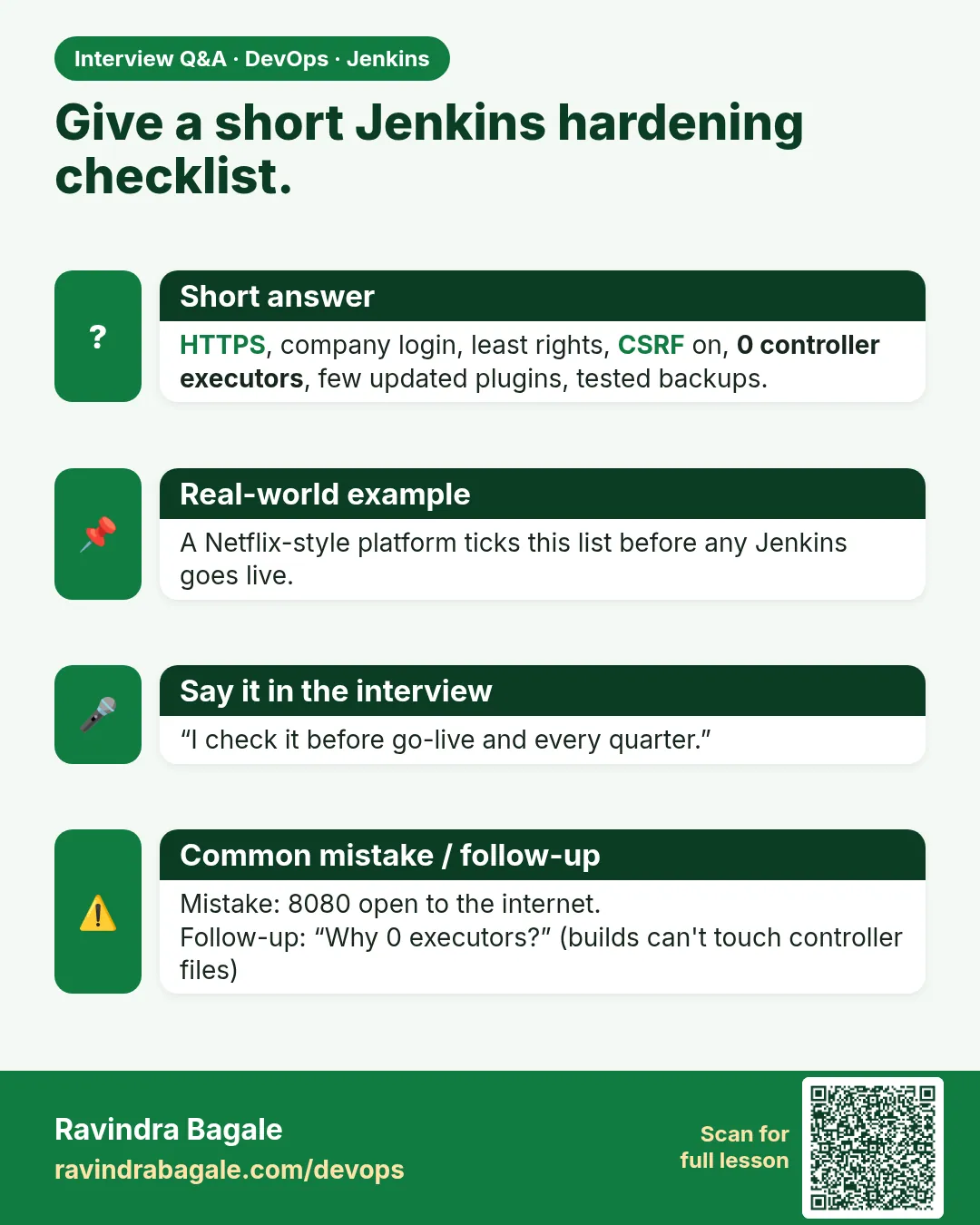 Give a short Jenkins hardening checklist. HTTPS, company login, least rights, CSRF on, 0 controller executors, few updated plugins, tested backups.