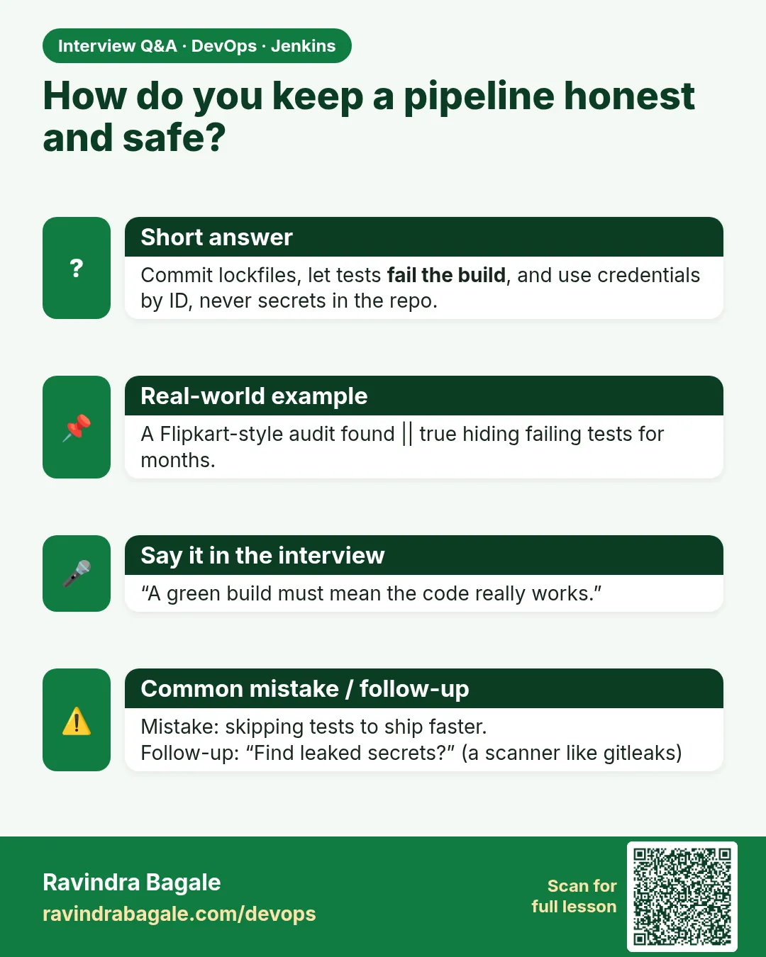 How do you keep a pipeline honest and safe? Commit lockfiles, let tests fail the build, and use credentials by ID, never secrets in the repo.