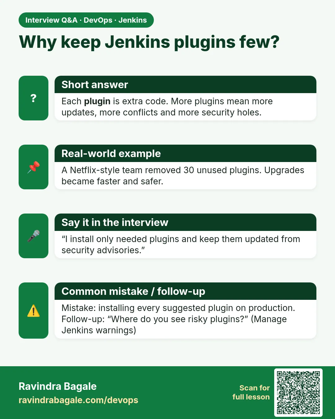 Why keep Jenkins plugins few? Each plugin is extra code. More plugins mean more updates, more conflicts and more security holes.