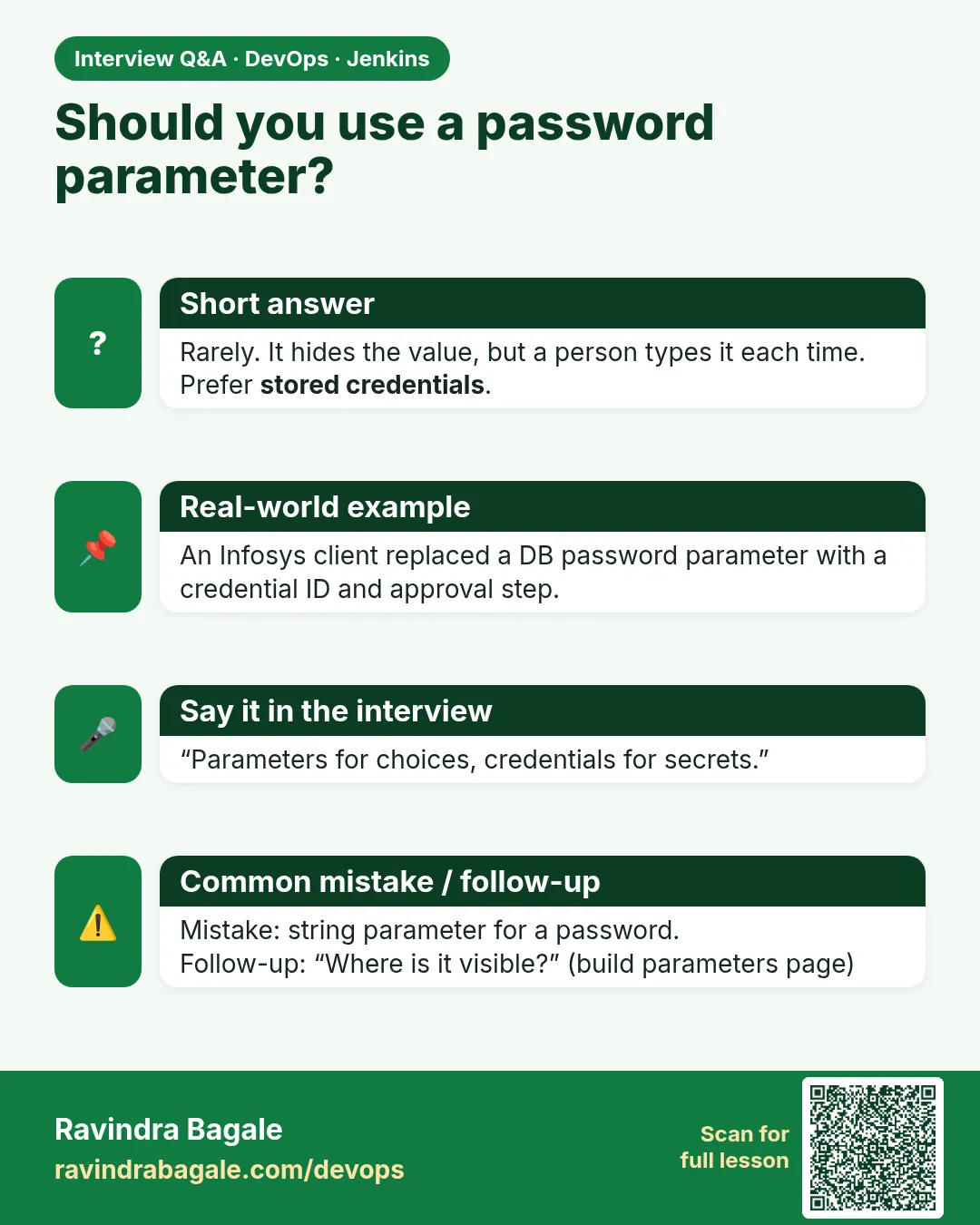 Should you use a password parameter? Rarely. It hides the value, but a person types it each time. Prefer stored credentials.