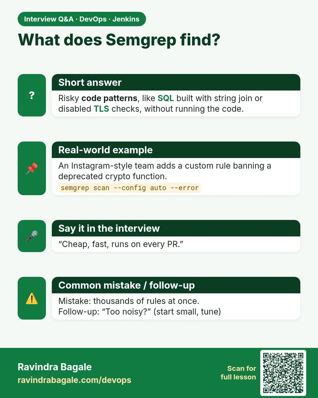 What does Semgrep find? Risky code patterns, like SQL built with string join or disabled TLS checks, without running the code.