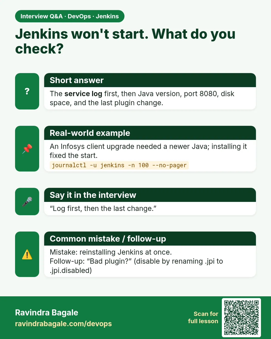 Jenkins won't start. What do you check? The service log first, then Java version, port 8080, disk space, and the last plugin change.
