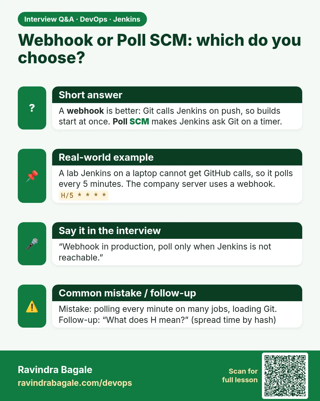 Webhook or Poll SCM: which do you choose? A webhook is better: Git calls Jenkins on push, so builds start at once. Poll SCM makes Jenkins ask Git on a timer.