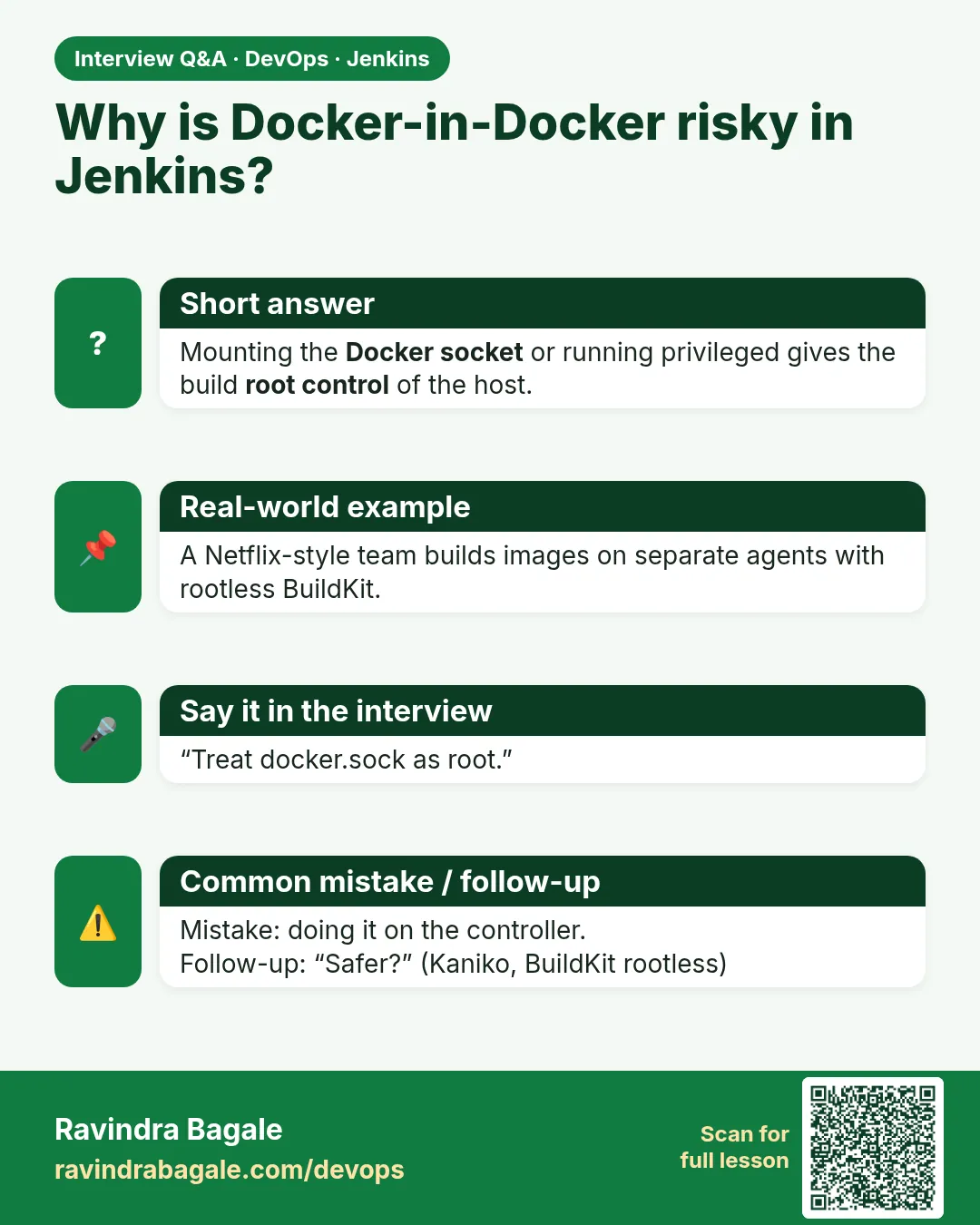 Why is Docker-in-Docker risky in Jenkins? Mounting the Docker socket or running privileged gives the build root control of the host.