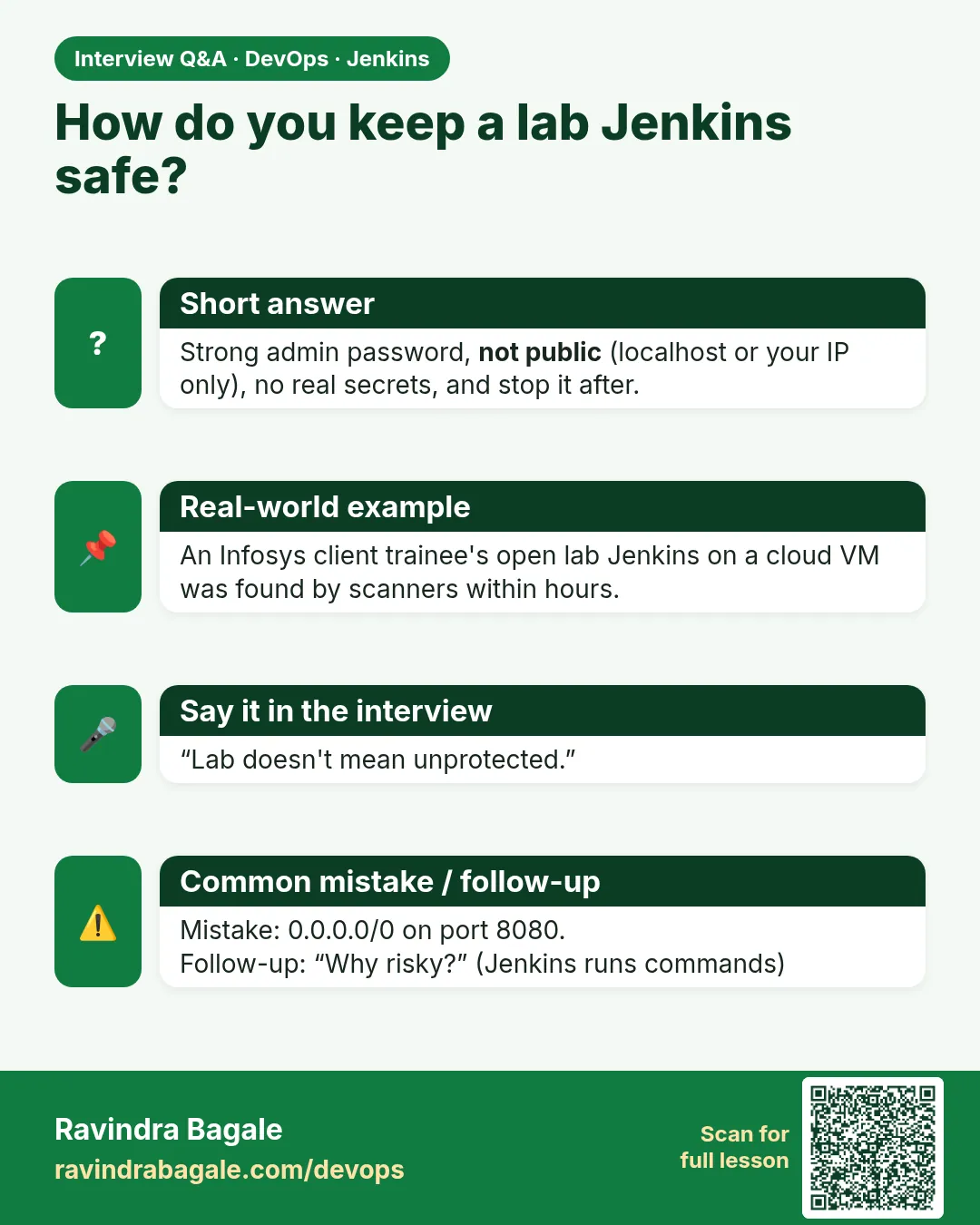 How do you keep a lab Jenkins safe? Strong admin password, not public (localhost or your IP only), no real secrets, and stop it after.