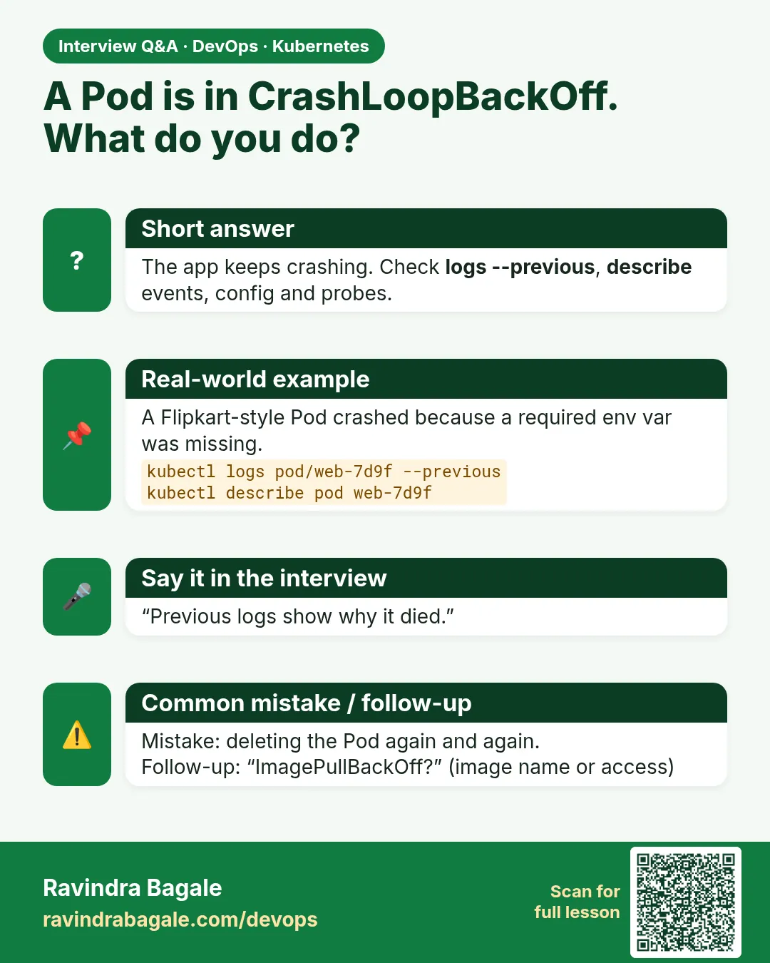 A Pod is in CrashLoopBackOff. What do you do? The app keeps crashing. Check logs --previous, describe events, config and probes.