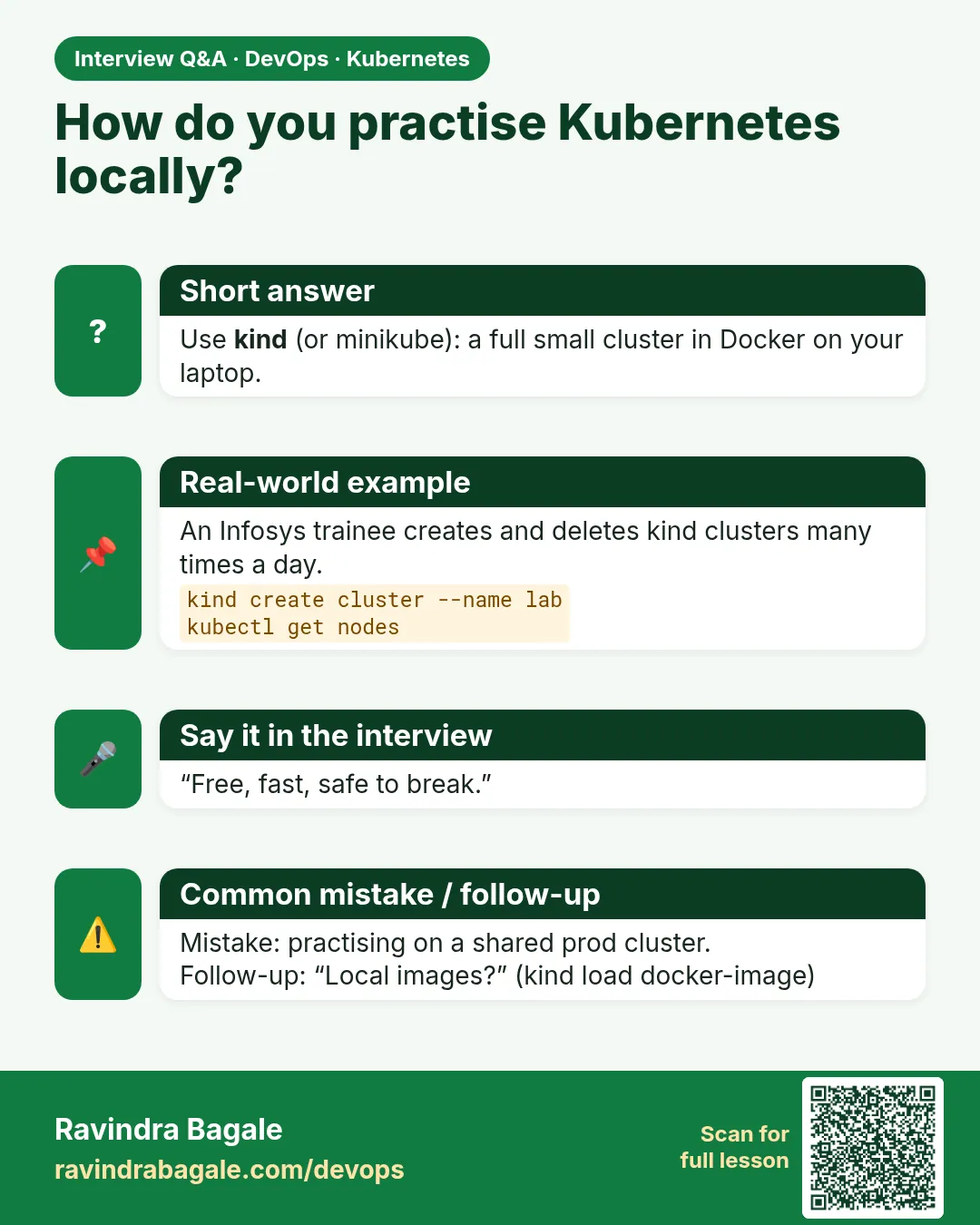 How do you practise Kubernetes locally? Use kind (or minikube): a full small cluster in Docker on your laptop.