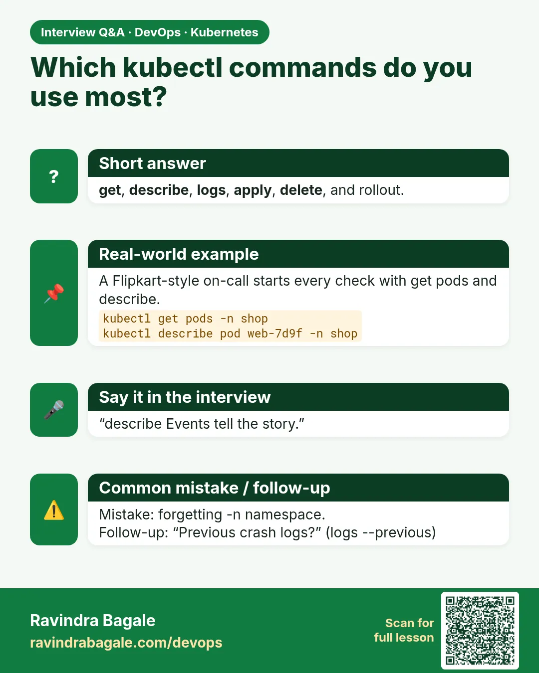 Which kubectl commands do you use most? get, describe, logs, apply, delete, and rollout.
