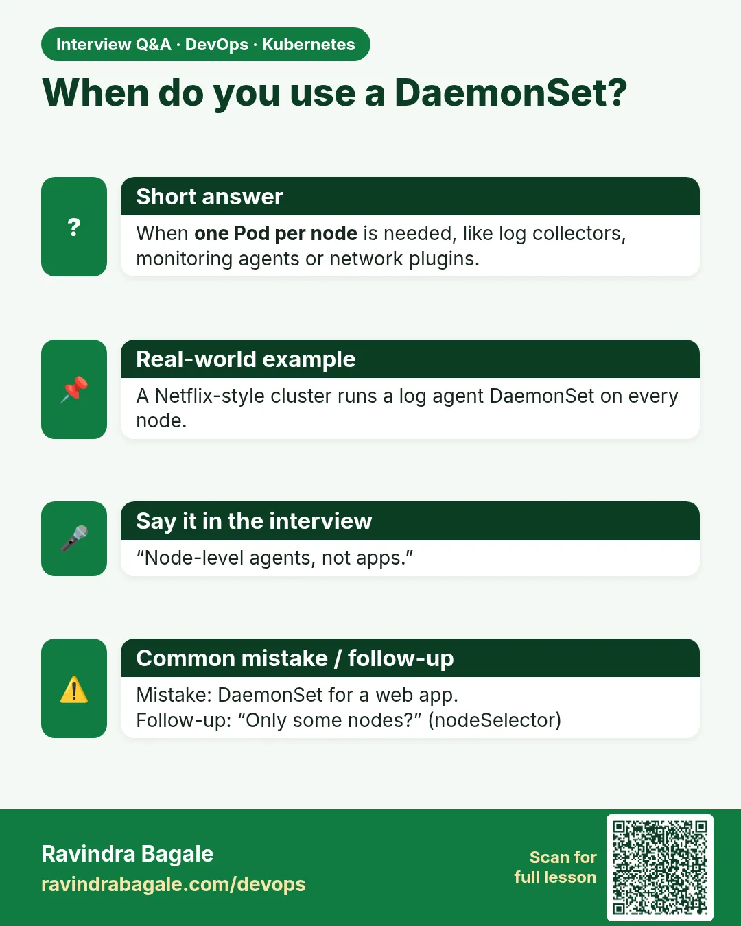 When do you use a DaemonSet? When one Pod per node is needed, like log collectors, monitoring agents or network plugins.
