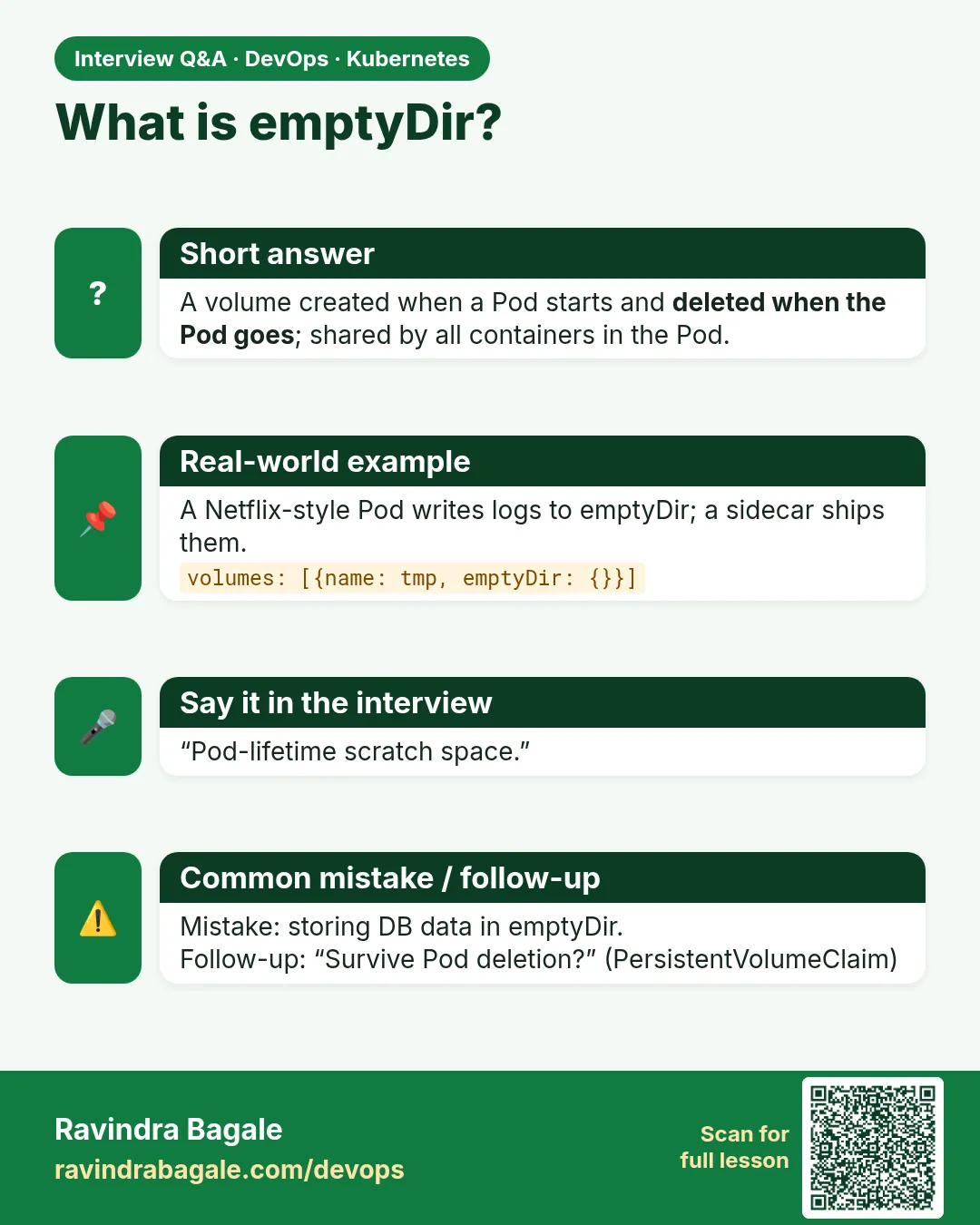 What is emptyDir? A volume created when a Pod starts and deleted when the Pod goes; shared by all containers in the Pod.
