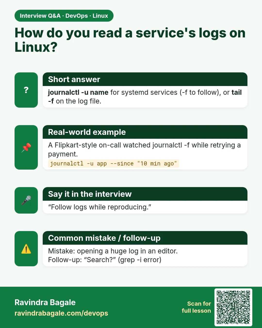 How do you read a service's logs on Linux? journalctl -u name for systemd services (-f to follow), or tail -f on the log file.