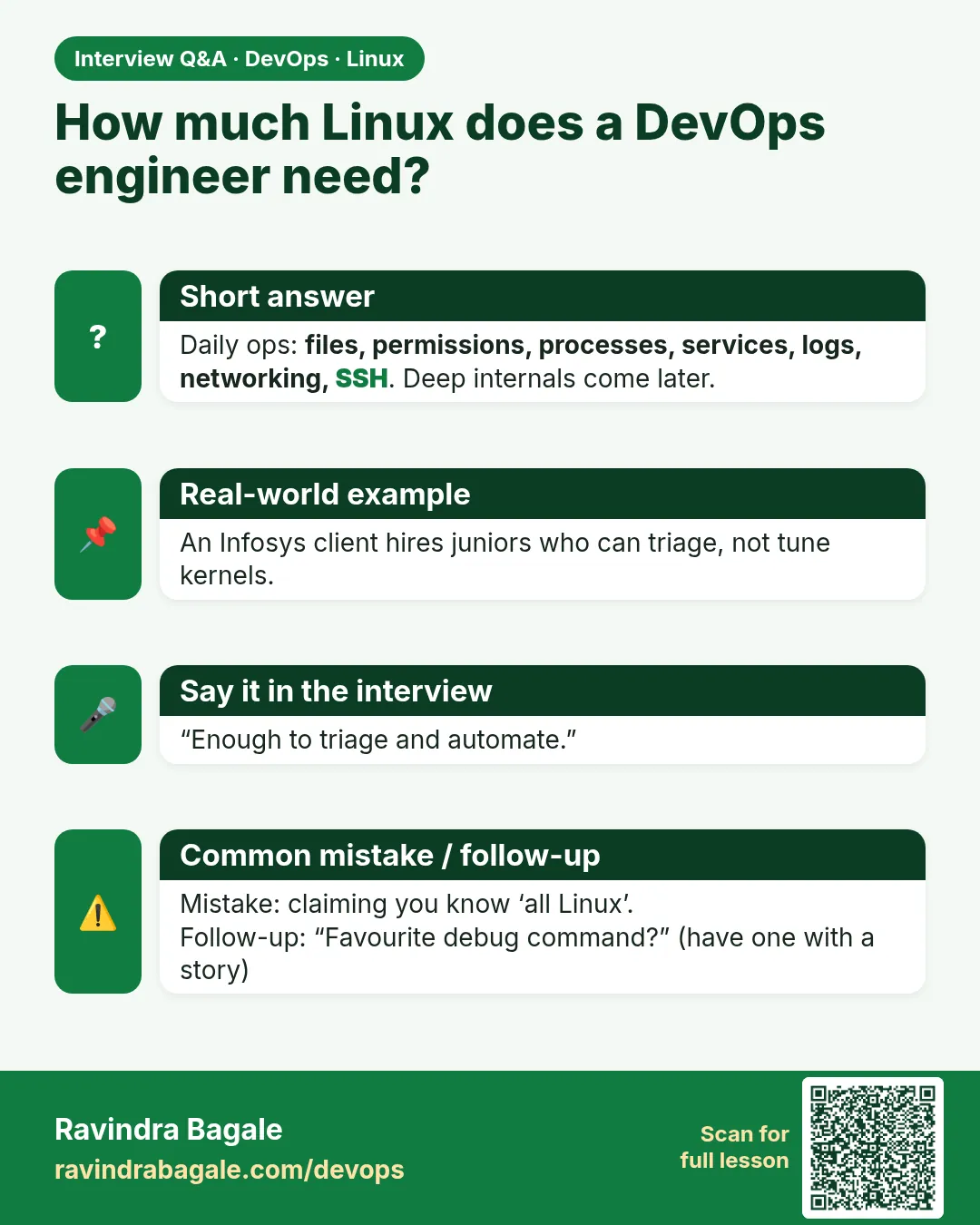 How much Linux does a DevOps engineer need? Daily ops: files, permissions, processes, services, logs, networking, SSH. Deep internals come later.