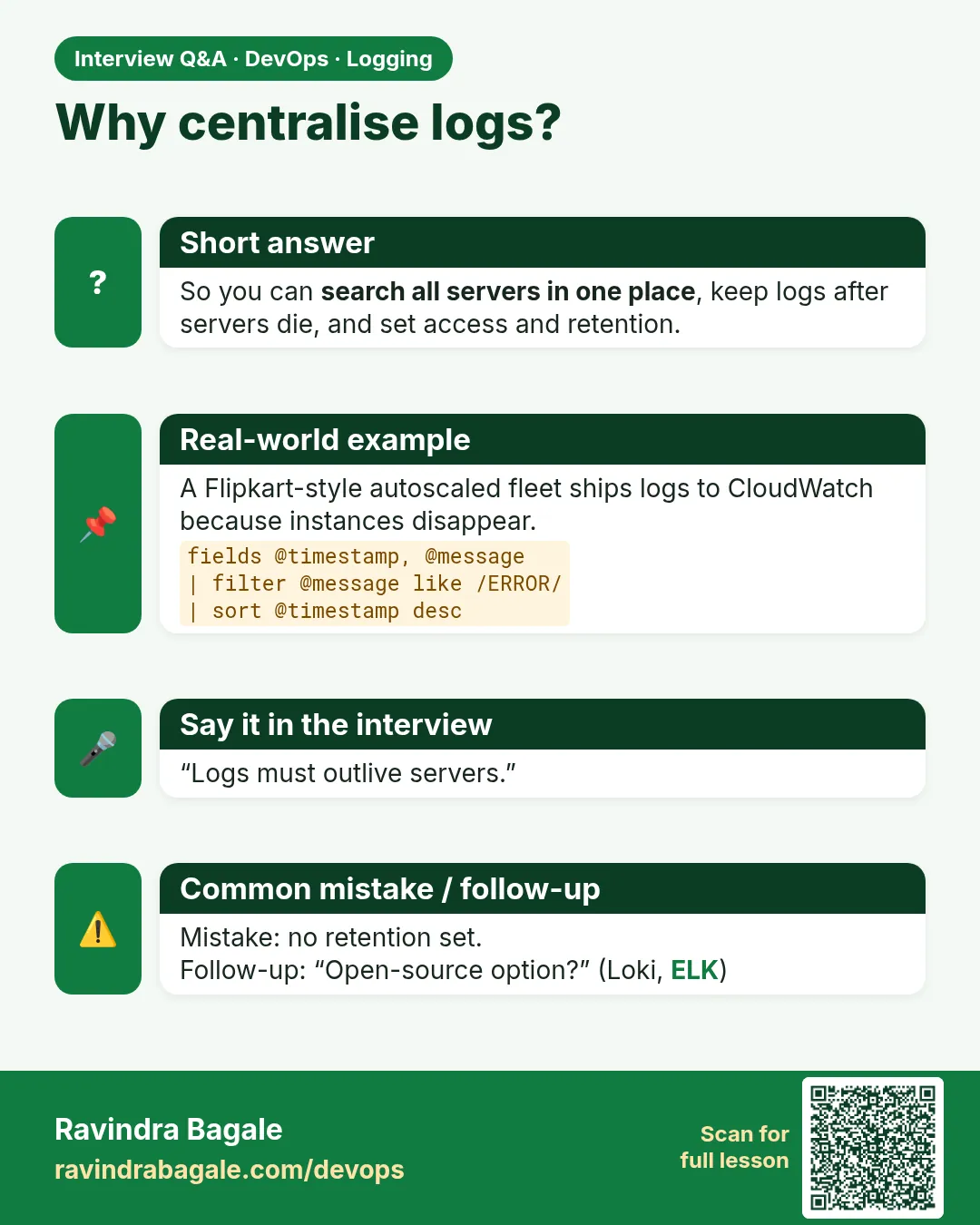 Why centralise logs? So you can search all servers in one place, keep logs after servers die, and set access and retention.