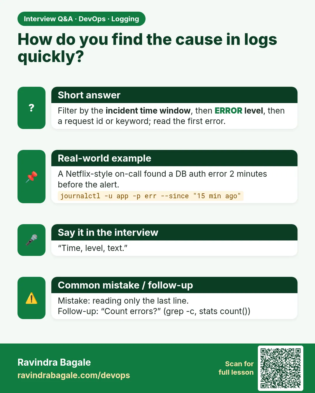 How do you find the cause in logs quickly? Filter by the incident time window, then ERROR level, then a request id or keyword; read the first error.