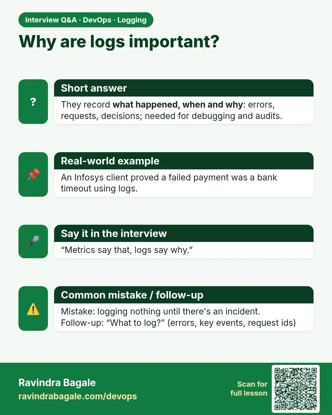 Why are logs important? They record what happened, when and why: errors, requests, decisions; needed for debugging and audits.