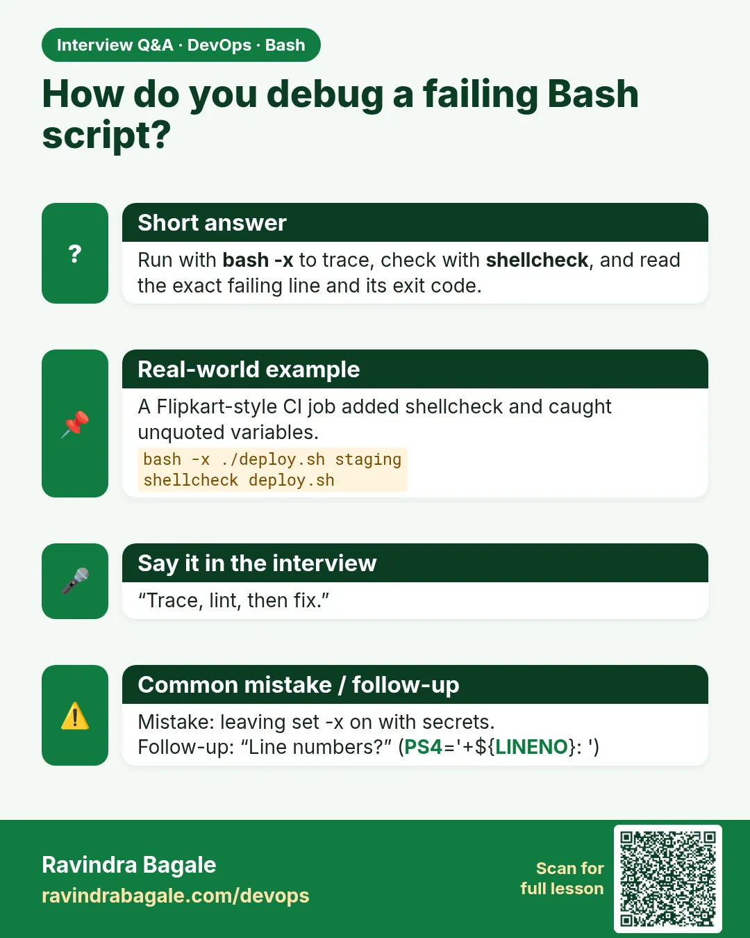 How do you debug a failing Bash script? Run with bash -x to trace, check with shellcheck, and read the exact failing line and its exit code.