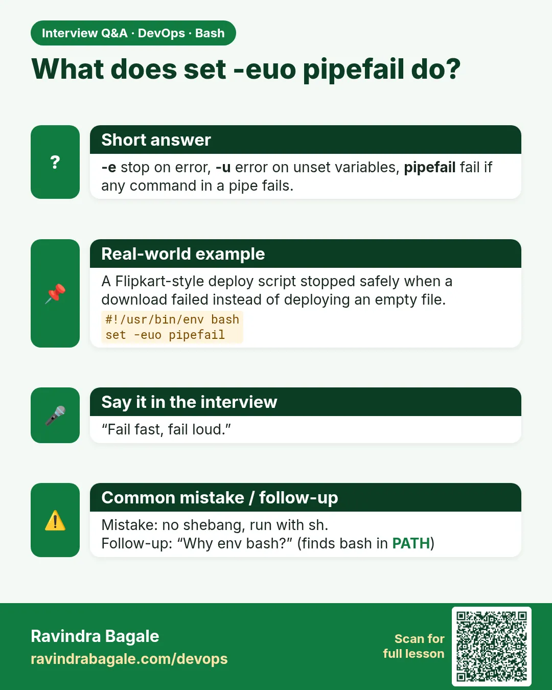 What does set -euo pipefail do? -e stop on error, -u error on unset variables, pipefail fail if any command in a pipe fails.