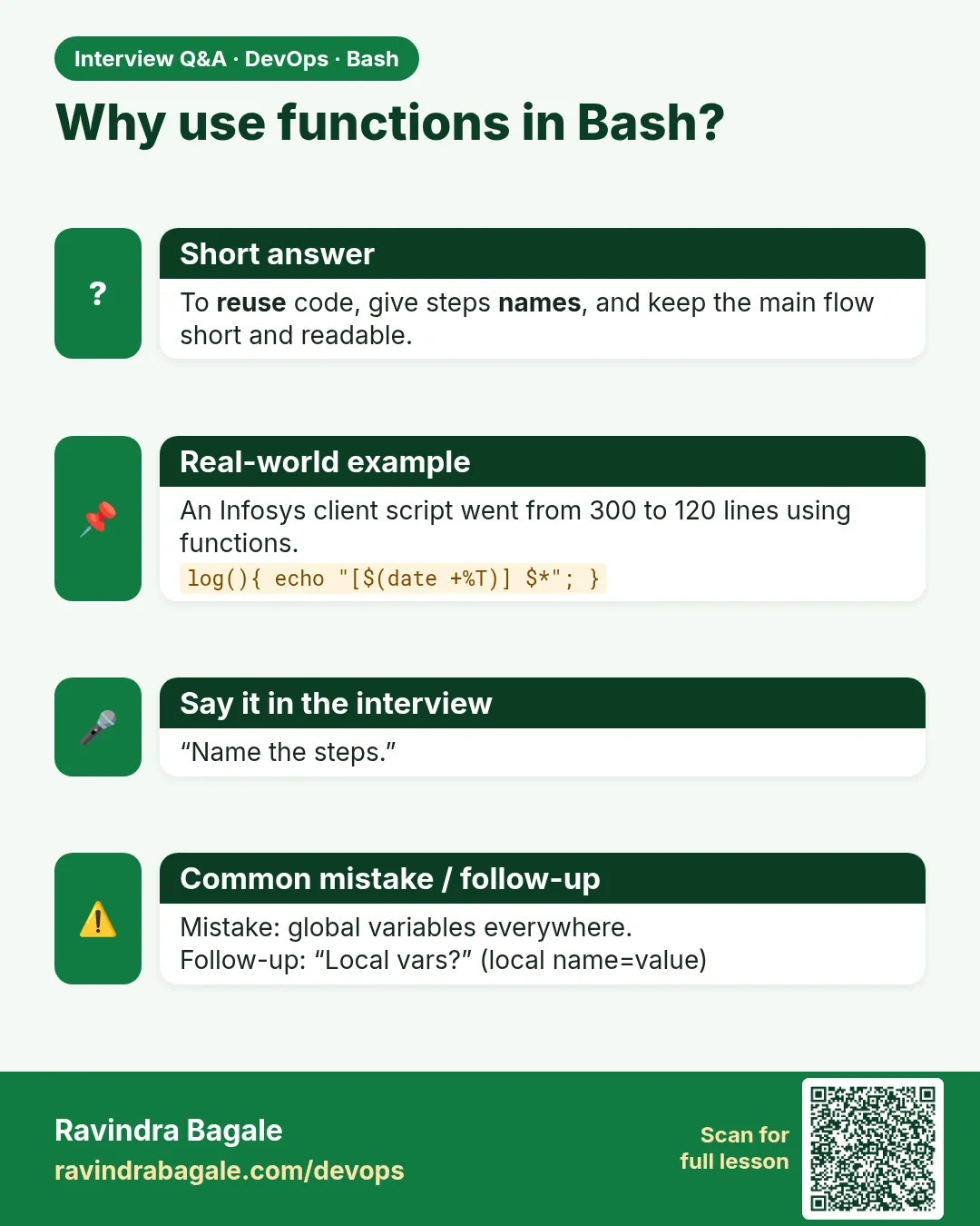 Why use functions in Bash? To reuse code, give steps names, and keep the main flow short and readable.
