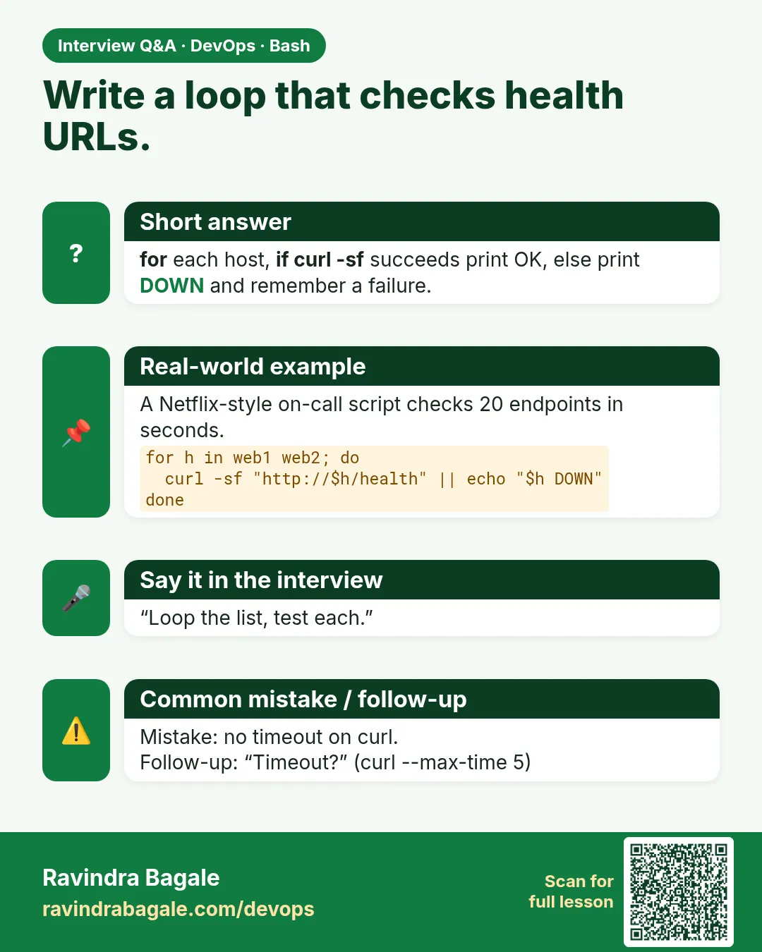 Write a loop that checks health URLs. for each host, if curl -sf succeeds print OK, else print DOWN and remember a failure.