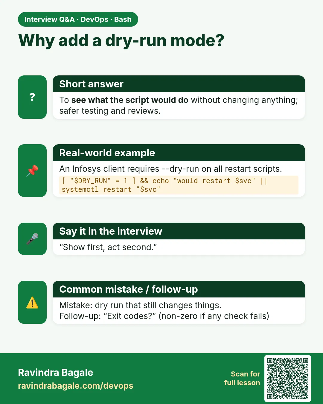 Why add a dry-run mode? To see what the script would do without changing anything; safer testing and reviews.