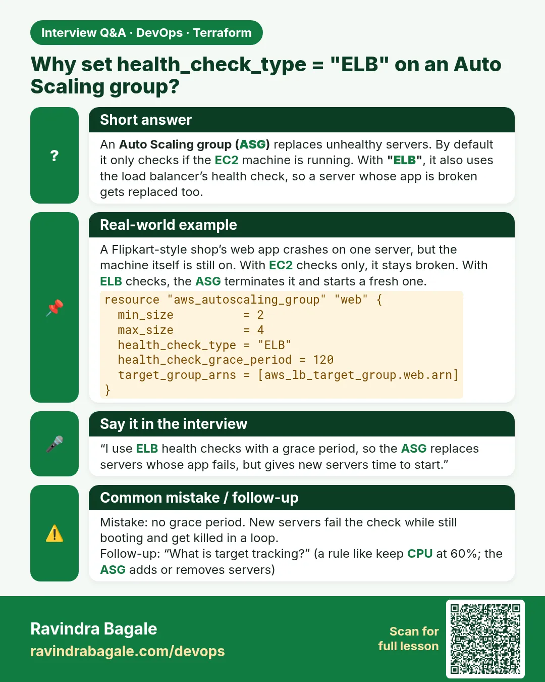 Why set health_check_type = "ELB" on an Auto Scaling group? An Auto Scaling group (ASG) replaces unhealthy servers. By default it only checks if the EC2 machine is running. With "ELB", it also uses the load balancer’s health check, so a server whose app is broken gets replaced too.