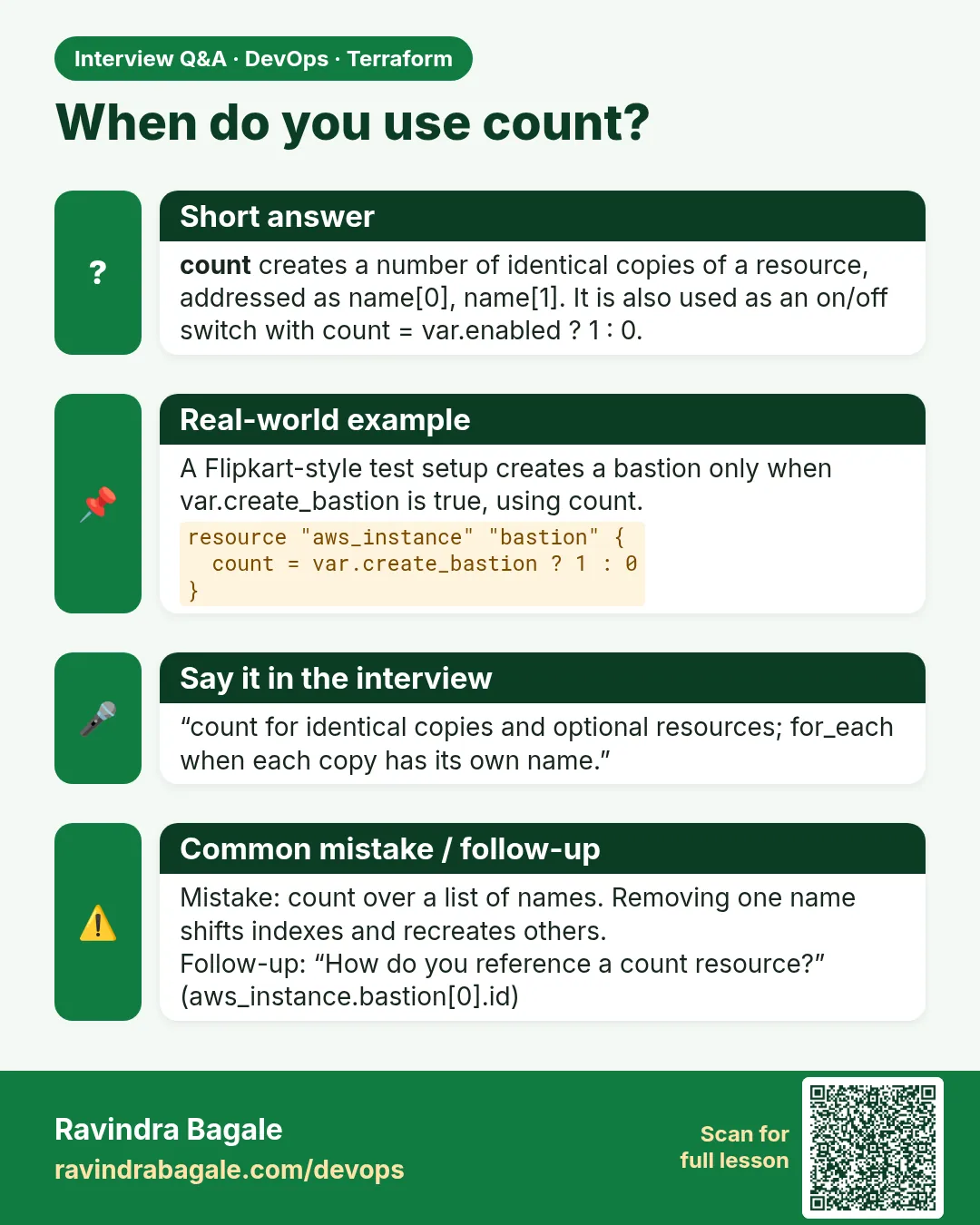 When do you use count? count creates a number of identical copies of a resource, addressed as name[0], name[1]. It is also used as an on/off switch with count = var.enabled ? 1 : 0.