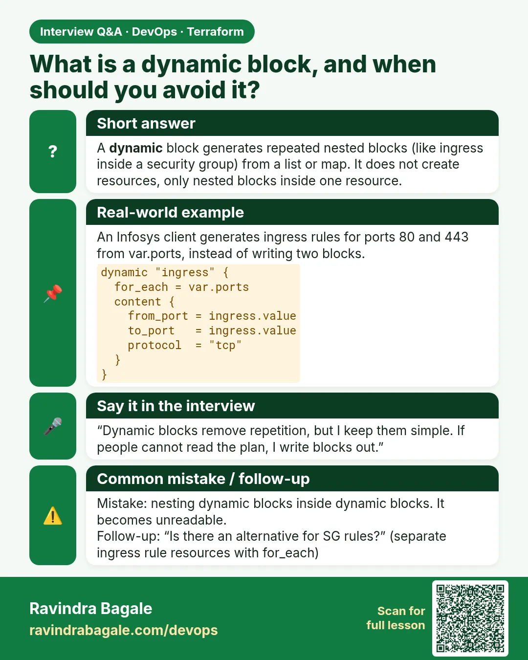 What is a dynamic block, and when should you avoid it? A dynamic block generates repeated nested blocks (like ingress inside a security group) from a list or map. It does not create resources, only nested blocks inside one resource.