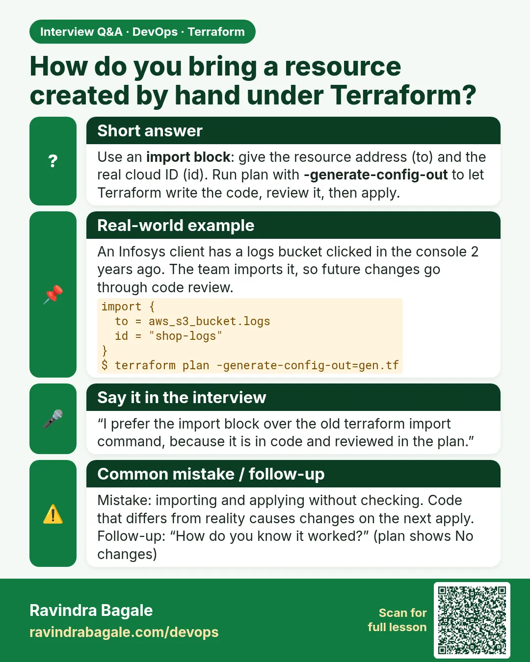How do you bring a resource created by hand under Terraform? Use an import block: give the resource address (to) and the real cloud ID (id). Run plan with -generate-config-out to let Terraform write the code, review it, then apply.