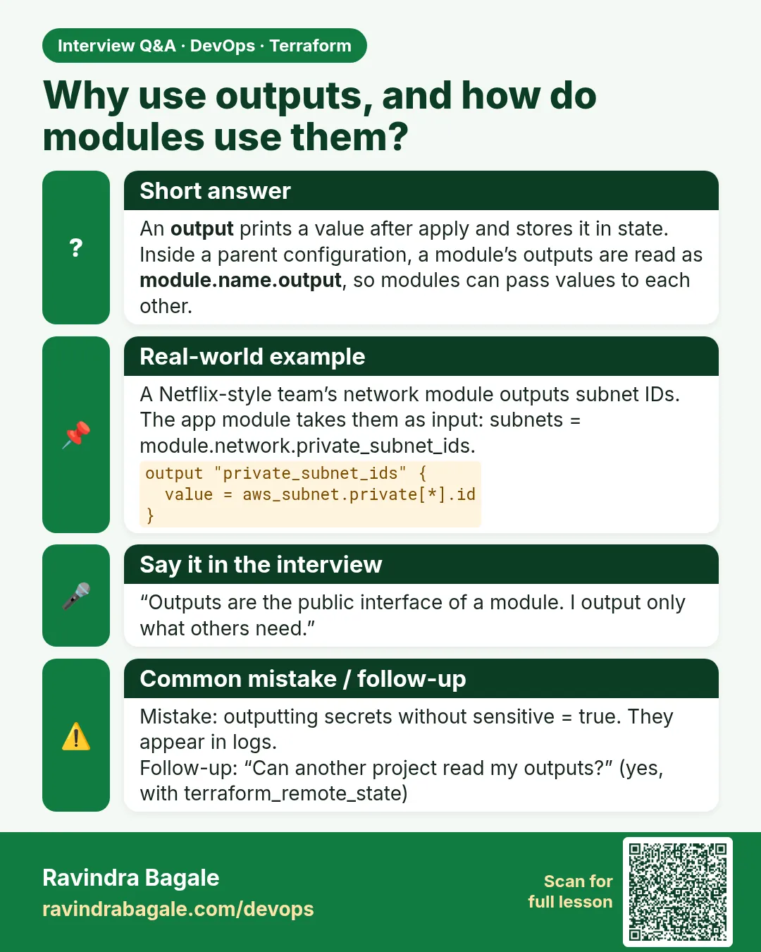 Why use outputs, and how do modules use them? An output prints a value after apply and stores it in state. Inside a parent configuration, a module’s outputs are read as module.name.output, so modules can pass values to each other.