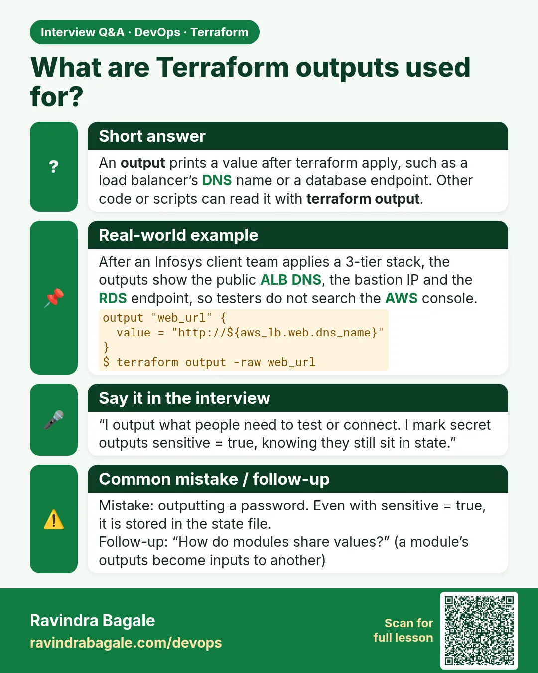 What are Terraform outputs used for? An output prints a value after terraform apply, such as a load balancer’s DNS name or a database endpoint. Other code or scripts can read it with terraform output.