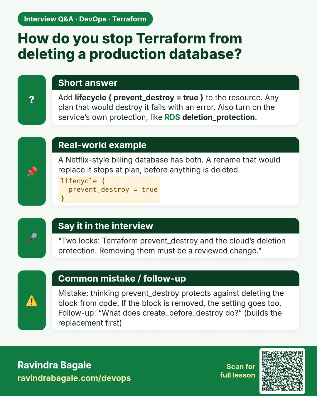 How do you stop Terraform from deleting a production database? Add lifecycle { prevent_destroy = true } to the resource. Any plan that would destroy it fails with an error. Also turn on the service’s own protection, like RDS deletion_protection.