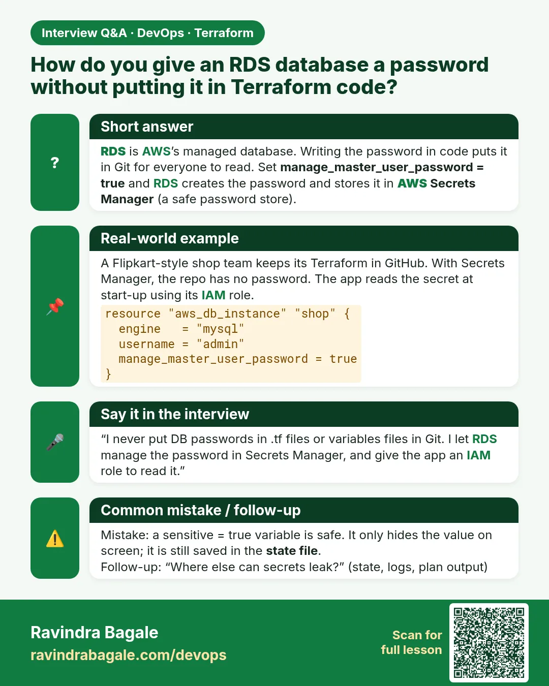 How do you give an RDS database a password without putting it in Terraform code? RDS is AWS’s managed database. Writing the password in code puts it in Git for everyone to read. Set manage_master_user_password = true and RDS creates the password and stores it in AWS Secrets Manager (a safe password 