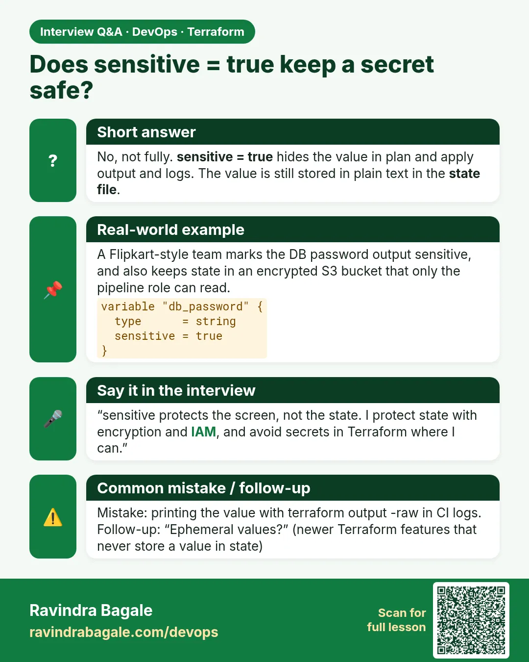 Does sensitive = true keep a secret safe? No, not fully. sensitive = true hides the value in plan and apply output and logs. The value is still stored in plain text in the state file.