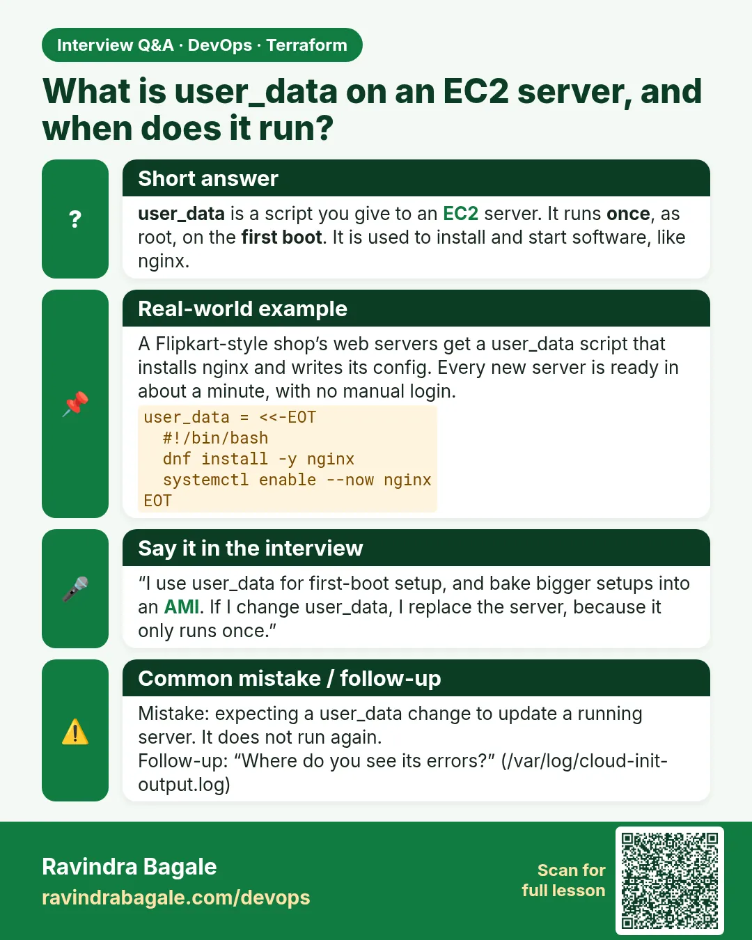What is user_data on an EC2 server, and when does it run? user_data is a script you give to an EC2 server. It runs once, as root, on the first boot. It is used to install and start software, like nginx.