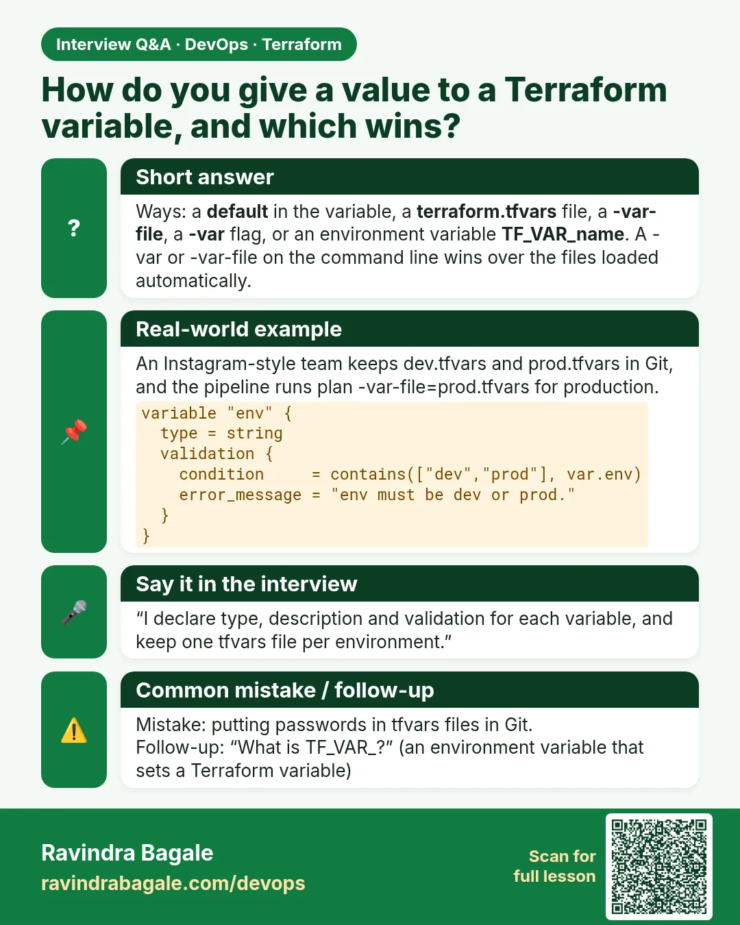 How do you give a value to a Terraform variable, and which wins? Ways: a default in the variable, a terraform.tfvars file, a -var-file, a -var flag, or an environment variable TF_VAR_name. A -var or -var-file on the command line wins over the files loaded automatically.