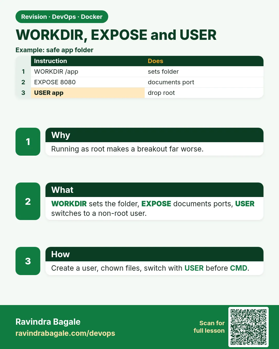 WORKDIR, EXPOSE and USER. Running as root makes a breakout far worse.