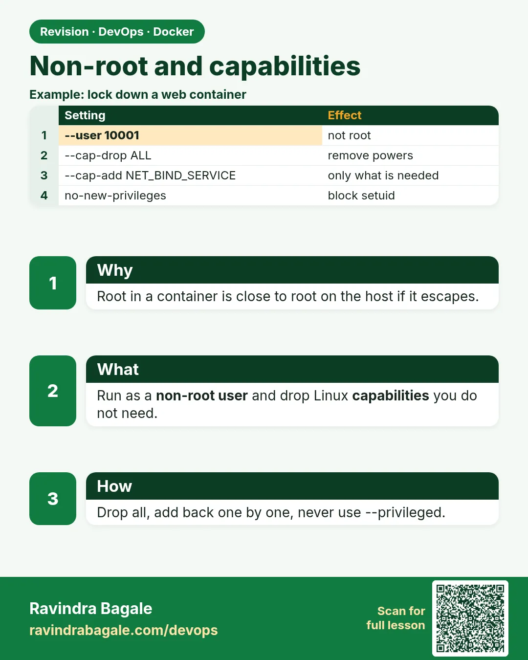 Non-root and capabilities. Root in a container is close to root on the host if it escapes.