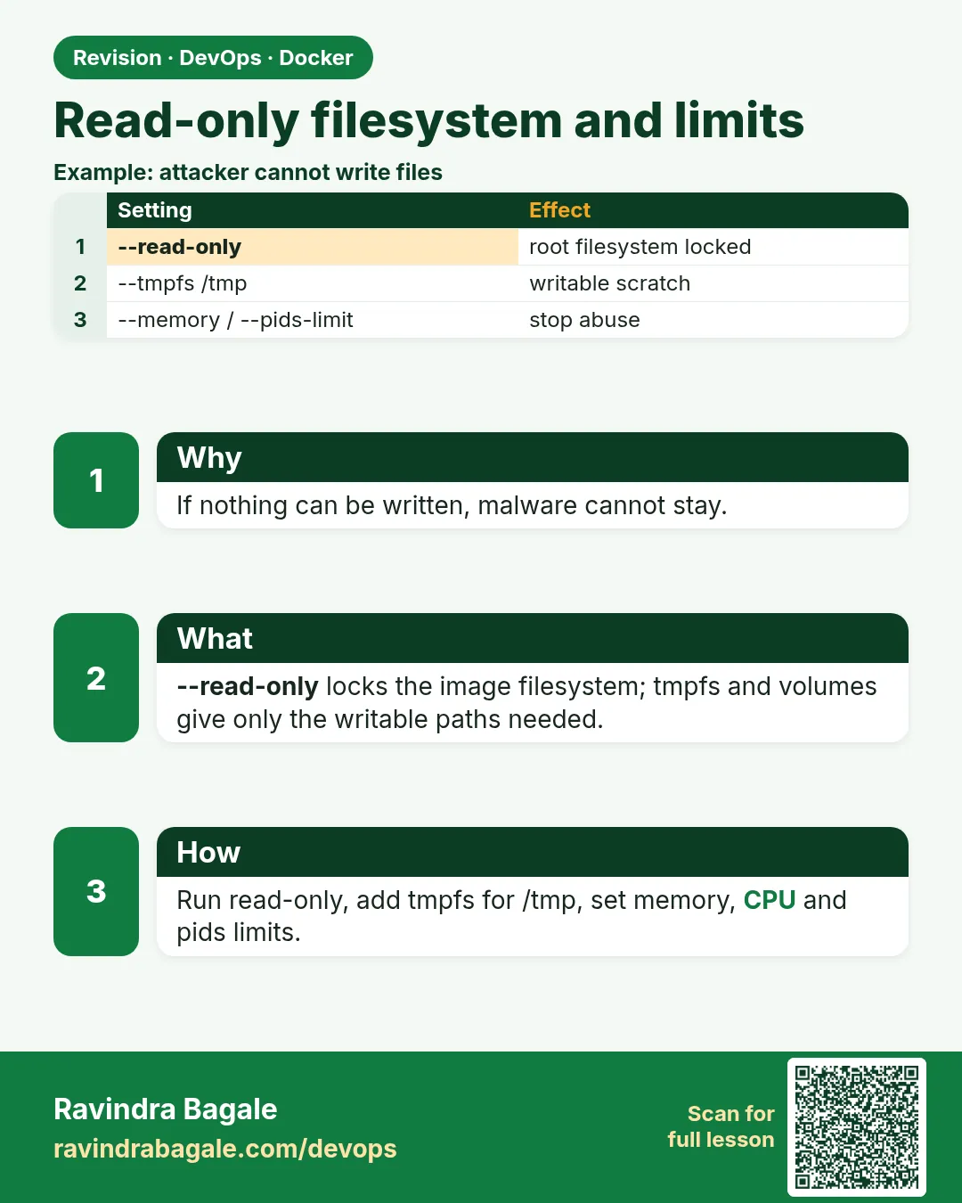 Read-only filesystem and limits. If nothing can be written, malware cannot stay.
