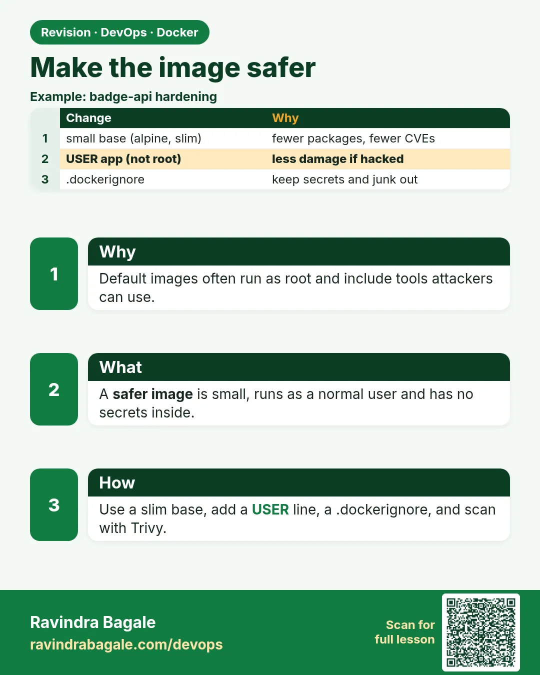 Make the image safer. Default images often run as root and include tools attackers can use.