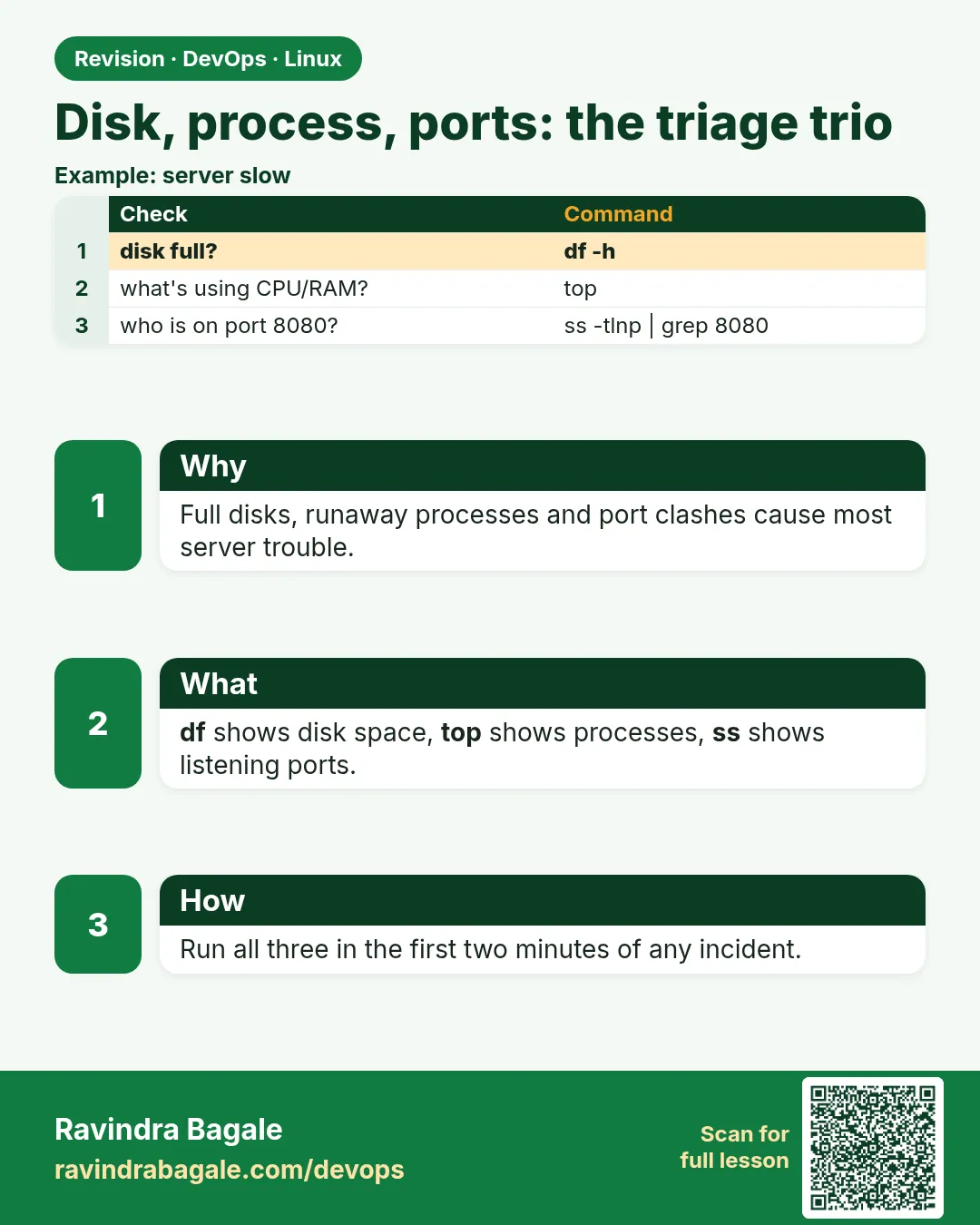 Disk, process, ports: the triage trio. Full disks, runaway processes and port clashes cause most server trouble.